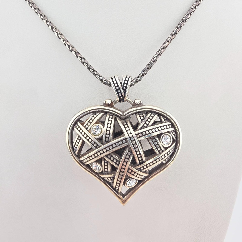 BRIGHTON 'Love Cage' Necklace Puffy Heart Woven Crystal Silver Plated 34"